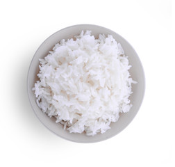 top view rice in bowl isolated on white background
