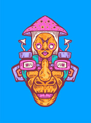 A surreal totem with a mask and mushrooms. Outline vector illustration isolated on white background for tattoos, posters, printing on T-shirts.
