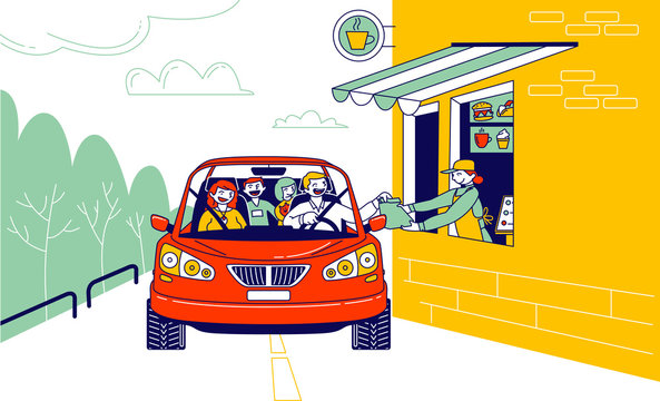 Convenient Payment from Car, Drive Thru System. Characters Pay for Takeaway Food Service with Credit Card Pos Terminal. Customer Purchase Goods without Leaving Auto. Linear People Vector Illustration
