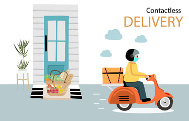 Online delivery contactless service to home,office by bicycle,motorcycle. delivery man is waring mark to prevent coronavirus