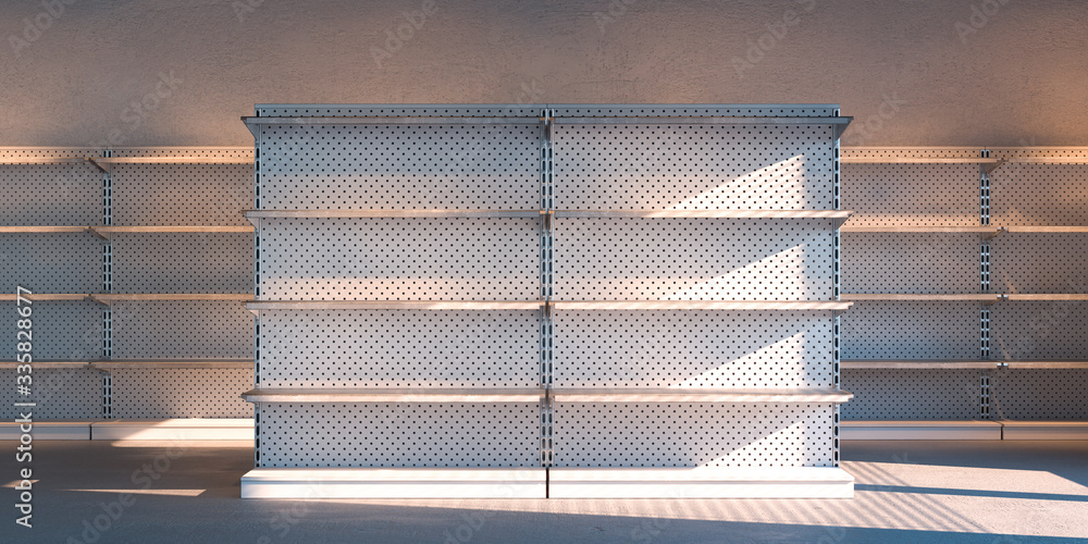 Poster white blank empty shop shelves in store. showcase displays with copy space. shop racks. 3d rendering