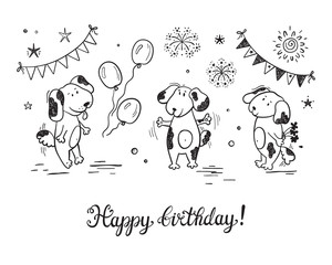 Happy Birthday Party Card Template with Cute Dogs. Hand Drawn Doodle Funny Puppy, Birthday Cake, Sweets, Bunting Flag, Balloons, Gift Box and other Party Supplies

