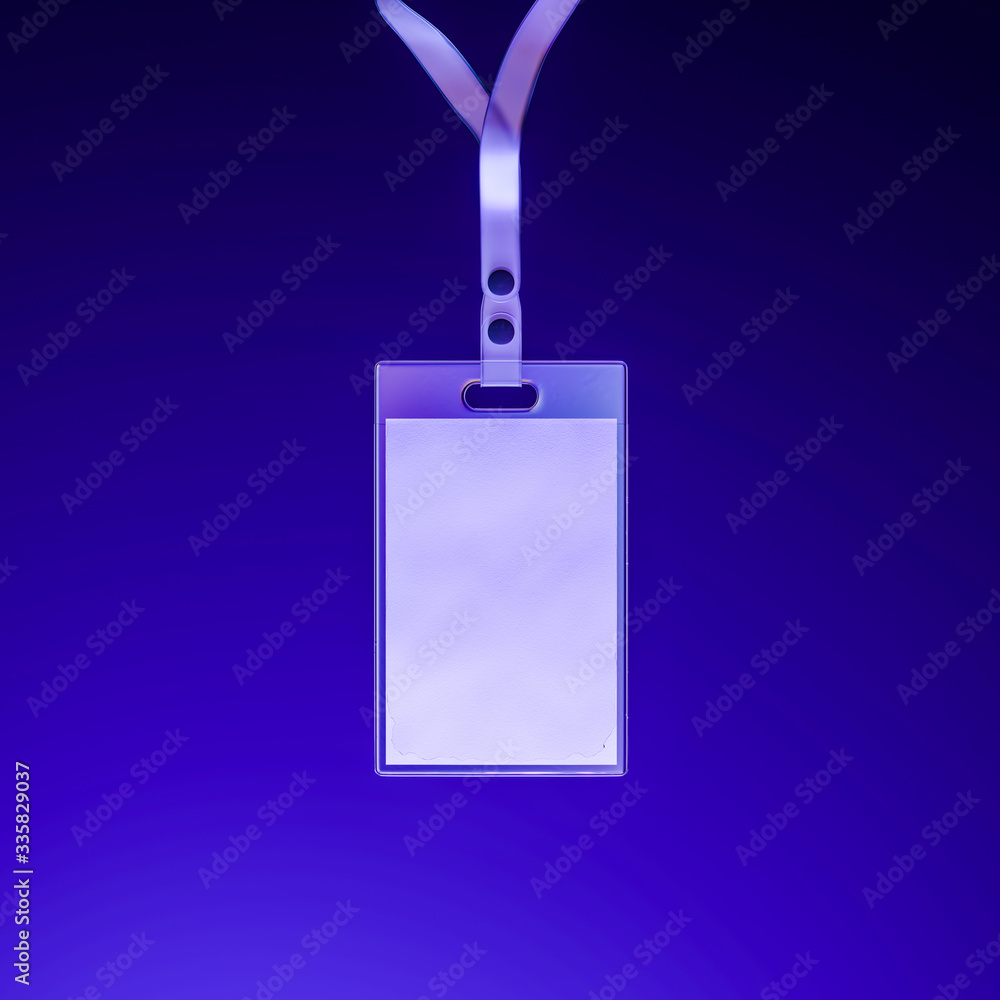 Poster white lanyard and blank white badge with copy space on vivid blue background. empty space. 3d render