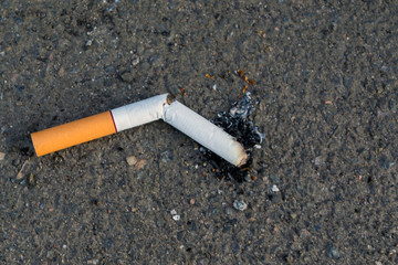 The cigarette lies on asphalt