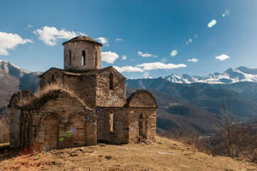 Fototapeta na wymiar Senty Church in the Caucasus mountains