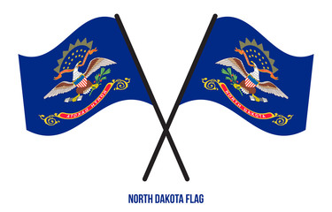 Two Crossed Waving North Dakota Flag On Isolated White Background.