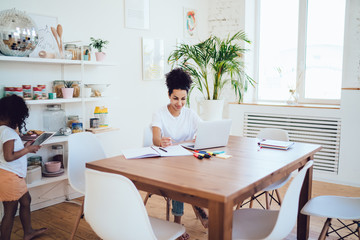 Woman working on laptop sitting at home with girl