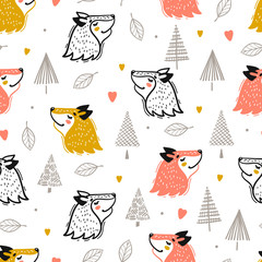 Cute Foxes Seamless Pattern. Little Fox Face and Forest. Kawaii Animal Heads Vector Childish Background for Kids Fashion Design. Print for Nursery Wallpaper, Baby Shower, Birthday
