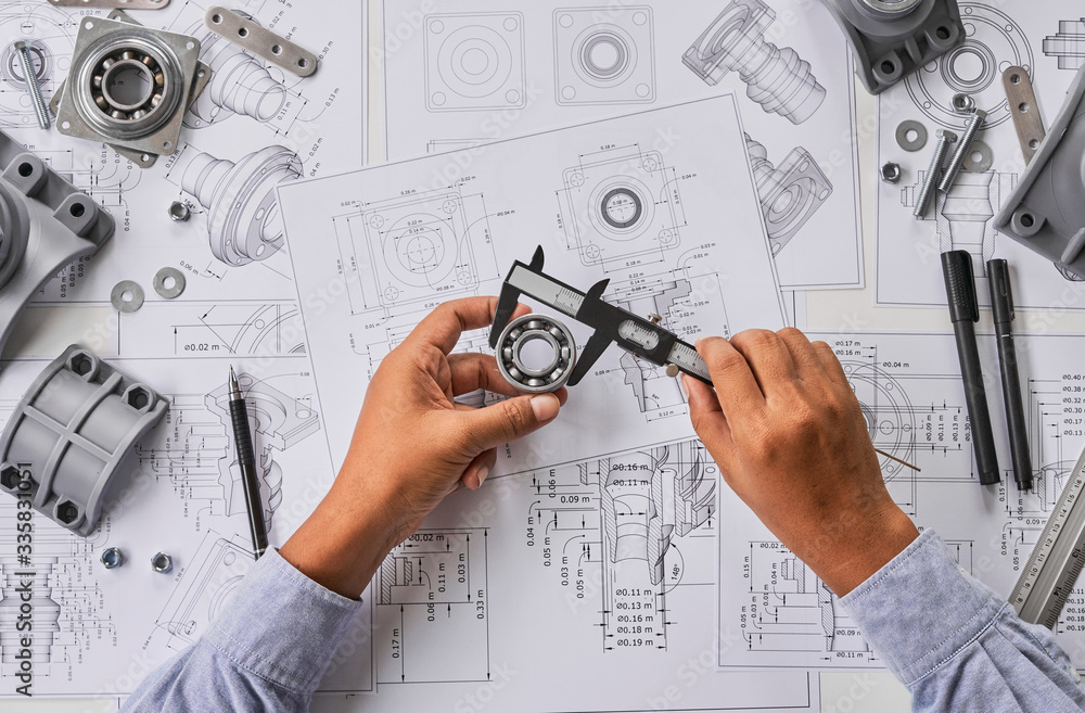 Poster engineer technician designing drawings mechanical parts engineering engine.manufacturing factory ind