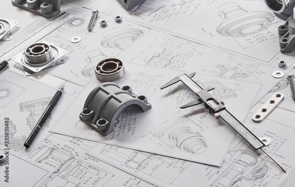 Aufkleber Engineer technician designing drawings mechanical parts engineering Engine.manufacturing factory Industry Industrial work project blueprints measuring bearings caliper tools