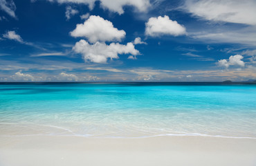 Fototapeta na wymiar Beautiful Petite Anse beach at Seychelles