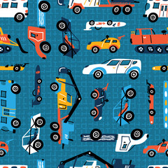 Vector Seamless Pattern with Doodle Different Toy Cars: Racing Car, Heavy Construction Trucks. Cartoon Transportation Blue Background for Kids  © AllNikArt