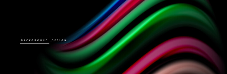 Silk and smooth flow wave poster design. Color waves, liquid style lines and shapes in black color background