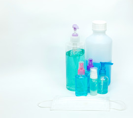 Gel and alcohol bottles for cleaning, sanitizing in epidemic situations and mask