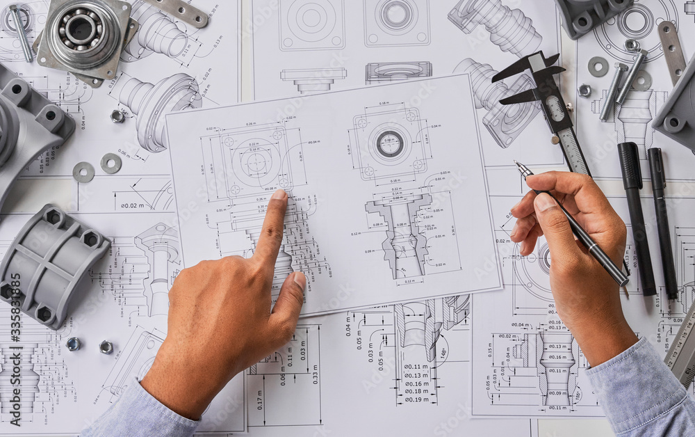Poster engineer technician designing drawings mechanical parts engineering engine.manufacturing factory ind