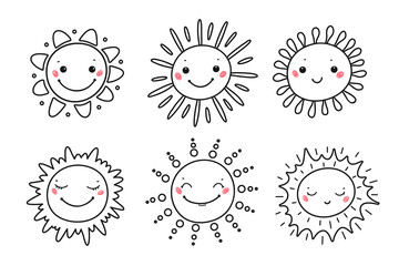 Vector Cute Sun Icons Coloring Page . Hand Drawn Doodle Different Funny Suns Black and White Set for Coloring Book for Kids
