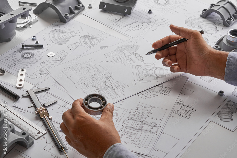 Poster engineer technician designing drawings mechanical parts engineering engine.manufacturing factory ind