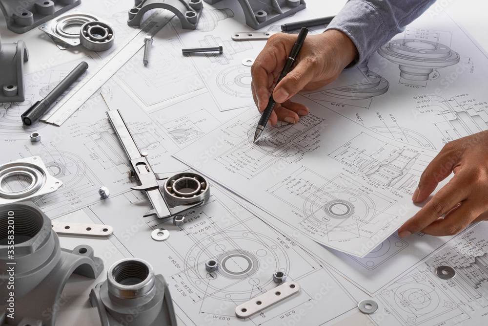 Poster engineer technician designing drawings mechanical parts engineering engine.manufacturing factory ind