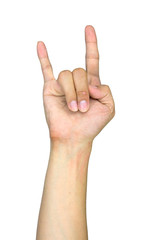 Male hand gesture and sign collection isolated on white background, Hand signals "Rockers". Selective focus.