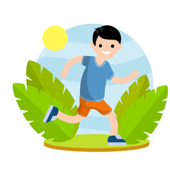 Young man in Shorts and t-shirt. Running and sports. Active lifestyle. Movement and walking. Cartoon flat illustration. Park and nature. Leaves of plants. Summer season.