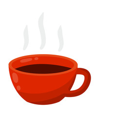 Red mug for drink. Cup with coffee. Element of kitchen. Dishes in isometric view and steam