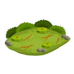 Minefield. Green lawn with bombs. Set of mines on ground. Rocks and grass. Modern warfare landscape. Explosive element of war. Cartoon flat illustration