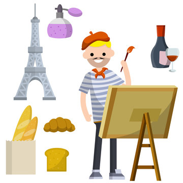 Set of typical France. Man artist in blue striped shirt, red beret, Eiffel tower, perfume, baguette bread, croissant, bottle and glass of red wine. European tourism. Flat illustration. National symbol
