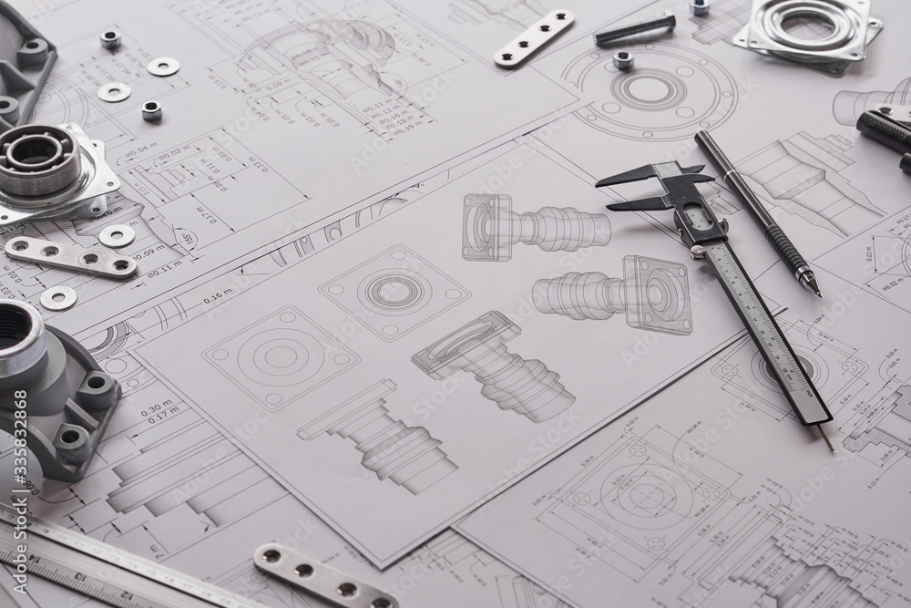 Poster engineer technician designing drawings mechanical parts engineering engine.manufacturing factory ind