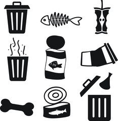 Litter, trash, garbage vector icon set, trash can, fish bone, eaten apple, bones, crashed can