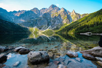 Beautiful blue lake against the backdrop of the mountains. Mountain lake. Lake in the mountains. Tatry, Poland
