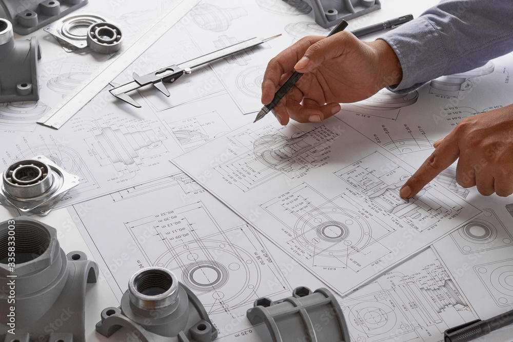 Poster engineer technician designing drawings mechanical parts engineering engine.manufacturing factory ind