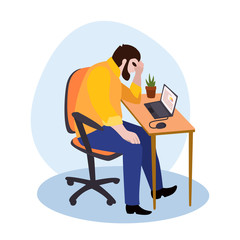 Tired male manager in office sad boring sitting with head down on laptop.. Professional burnout syndrome. Flat cartoon illustration isolated on white