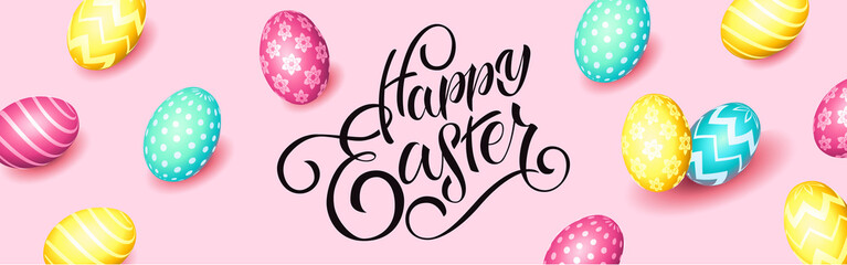 Hand sketched Happy Easter text, sale tag. Hand drawn Easter sale special offer poster, online shopping banner template, lettering typography. Motivational text with egg frame on pink background