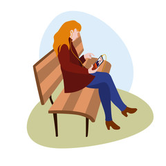Girl Sitting On A Bench With A Phone vector illustration from office collection. Flat cartoon illustration isolated on white