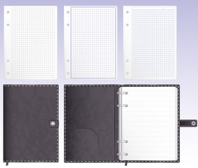 open and closed Notepad organizer in dark gray leather cover. metal rings for pages. three options for lining the sheet in a cage and a circle