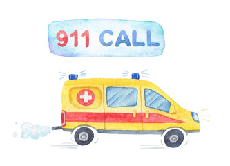 Watercolor Poster with racing yellow ambulance, cartoon style. Isolated illustration. 911 call. © KattarinaPo