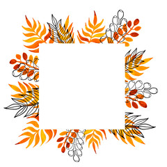 Square frame with watercolor and lineart hand painted leaves. Orange and golden elements isolated on white background. Botanical composition for design, textile, wallpaper, print