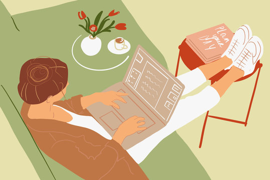 Business woman working online on a laptop from home at cozy atmosphere. Concept of remote work from home. Colorful vector illustration in flat cartoon style