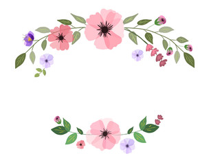 Floral spring vector frame, banner, template. Decorative elements. Soft colored romantic flowers. Spring pink, violet elements. Romantic flowers and leaves.