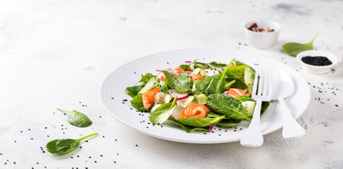 Salmon Salad with Vitamins in vegetables, herbs radish,and spinach