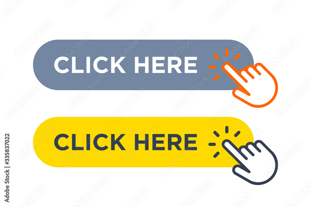 Poster click here button with outline finger clicking hand pointer isolated on white background. flat vecto