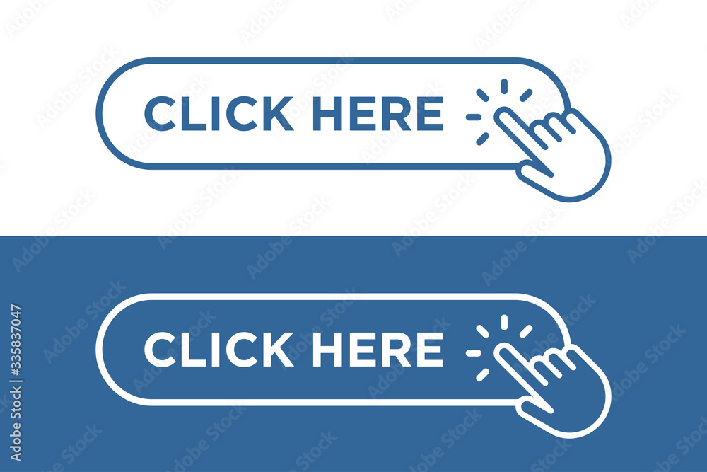 Poster click here button with outline square rounded frame and finger clicking hand pointer isolated on whi