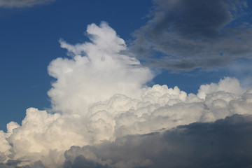 A white cloud and a darker cloud on a blue Sky