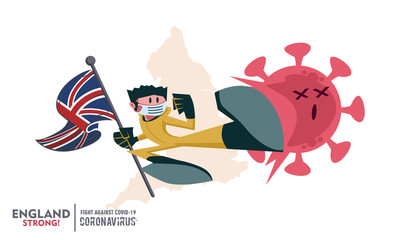 Person with biohazard suit holding national flag fighting coronavirus pandemic or coronavirus outbreake 2019 COVID-19. National map on background. Scalable and editable vector illustration.