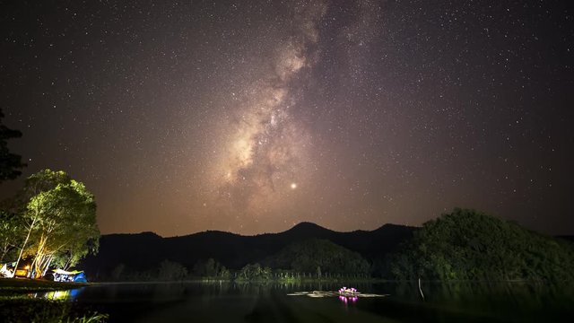 Time lapse of milky way and cloudy at  raining season in dam