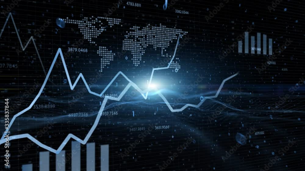 Poster business infographic cyberspace animation with world map and graphs in motion.
