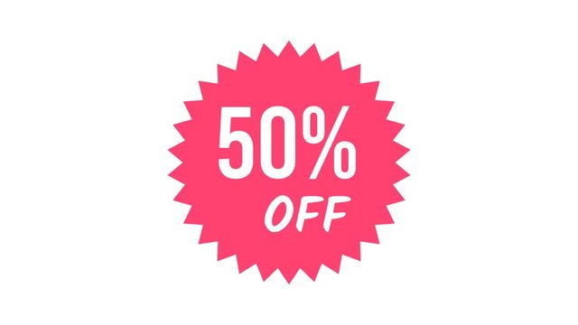 50% Off Sale Red Price Tag. Red Label Promo Banner Popup Promotional Animation. Special Offer Sale, Discount, Price Drop, Offer Sticker. Discount 50 Percent Loopable Animated Badge with Alpha Matte.