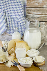 Obraz na płótnie Canvas Fresh dairy products on a wooden table.