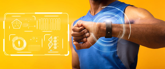African American guy using fitness watch to monitor health and exercise on orange background, collage