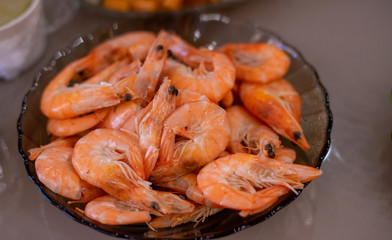 Shrimps boiled served on plate.